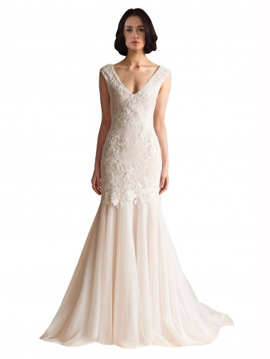 Tulle V-Neck Low Back Mermaid Ivory & Champagne Wedding Dress Manchester