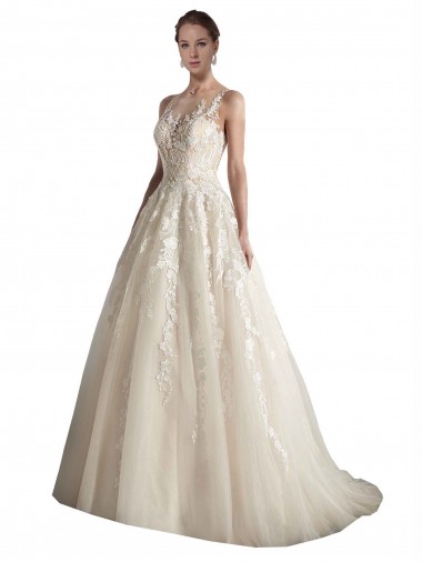 Tulle Illusion Neck A-Line Ivory & Champagne Wedding Dress Manchester