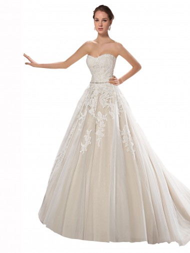 Tulle & Lace Strapless A-Line Ivory & Champagne Wedding Dress Manchester