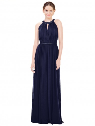Soft Chiffon High Neck A-Line Dark Navy Bridesmaid Dress / Formal Dress Manchester