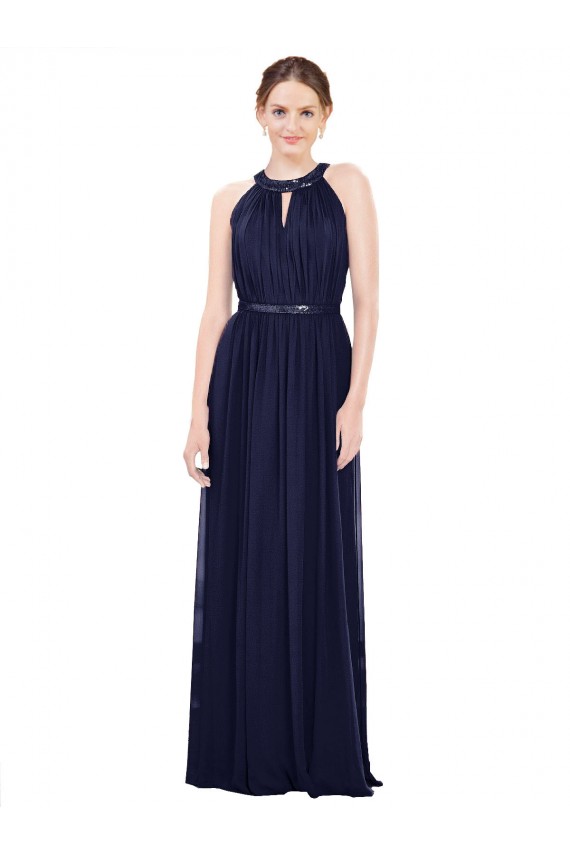 Soft Chiffon High Neck A-Line Dark Navy Bridesmaid Dress / Formal Dress Manchester