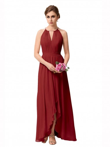 Soft Chiffon High Neck A-Line Burgundy High Low Bridesmaid Dress Manchester
