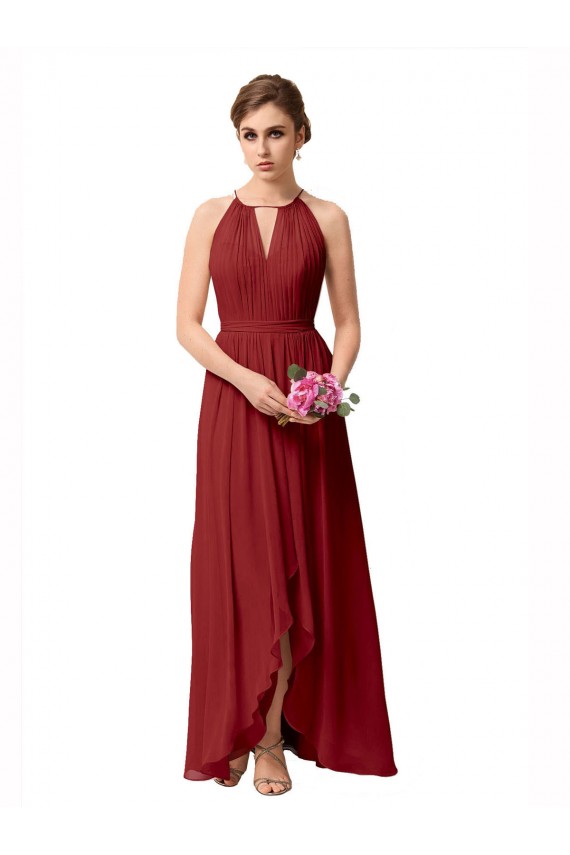 Soft Chiffon High Neck A-Line Burgundy High Low Bridesmaid Dress Manchester