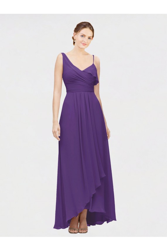 Soft Chiffon V-Neck A-Line Plum Purple High Low Bridesmaid Dress Manchester