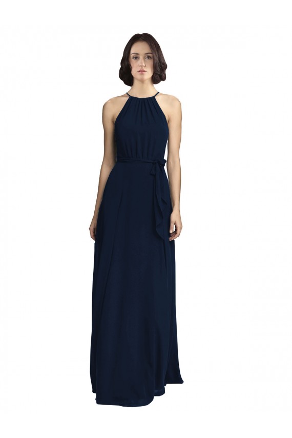 Chiffon High Neck A-Line Dark Navy Evening Gowns / Bridesmaid Dresses Manchester