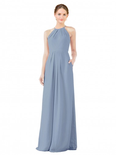 Soft Chiffon High Neck Keyhole Back Sheath Dusty Blue Bridesmaid Dress Manchester