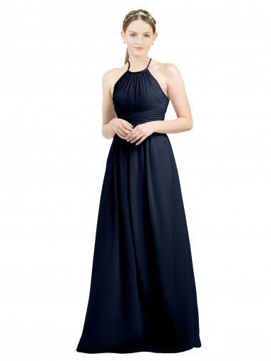 Soft Chiffon High Neck Open Back A-Line Dark Navy Evening Gowns / Bridesmaid Dress Manchester