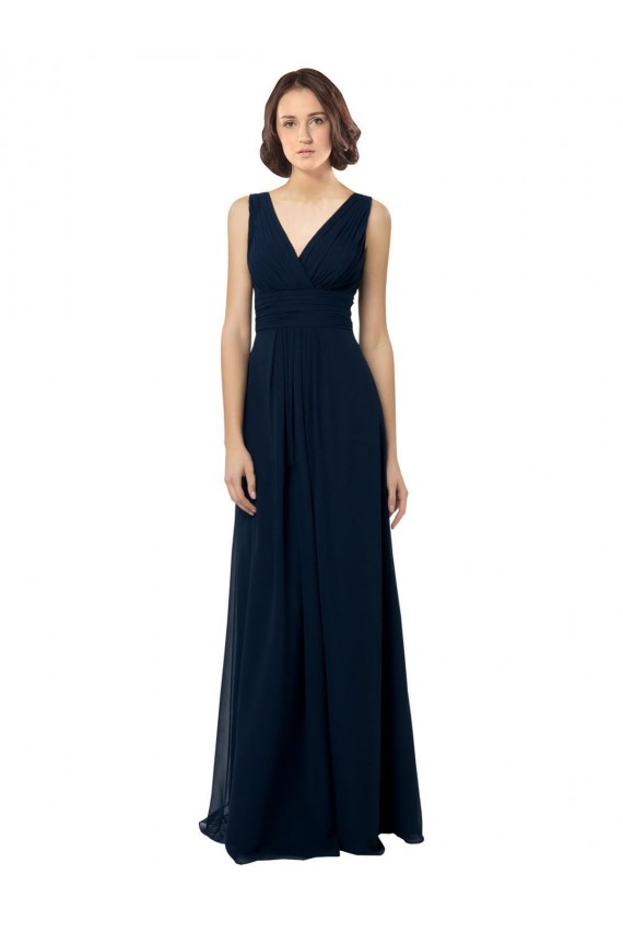 Chiffon V-Neck V-Back A-Line Dark Navy Bridal Party Dress Manchester