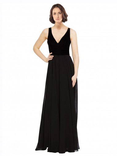 Soft Chiffon & Velvet V-Neck V-Back A-Line Black Prom Dress / Bridesmaid Dress Manchester