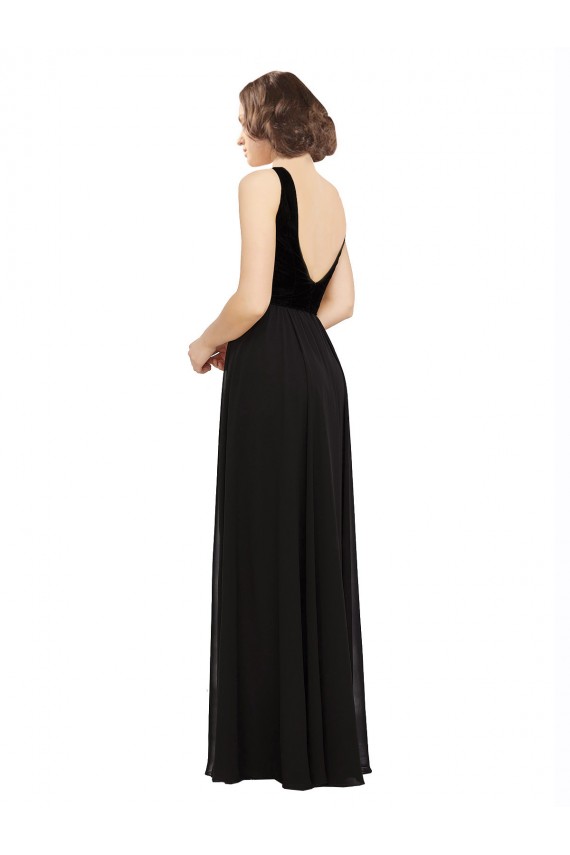 Soft Chiffon & Velvet V-Neck V-Back A-Line Black Prom Dress / Bridesmaid Dress Manchester
