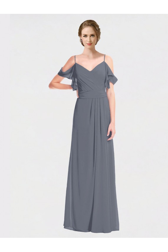 Soft Chiffon V-Neck V-Back A-Line Slate Grey Bridesmaid Dress Manchester