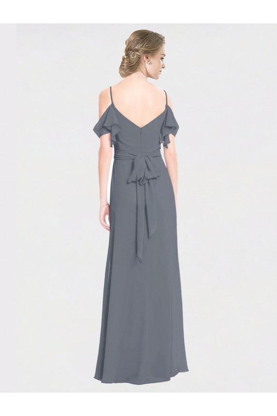 Soft Chiffon V-Neck V-Back A-Line Slate Grey Bridesmaid Dress Manchester