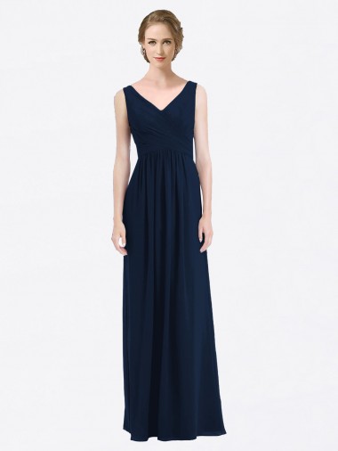 Soft Chiffon V-Neck Low Back A-Line Dark Navy Evening Gowns / Bridesmaid Dress Manchester