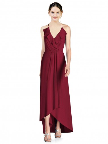 Soft Chiffon V-Neck Open Back A-Line Burgundy High Low Bridesmaid Dress Manchester