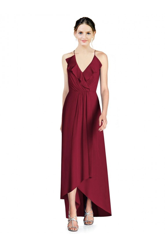 Soft Chiffon V-Neck Open Back A-Line Burgundy High Low Bridesmaid Dress Manchester