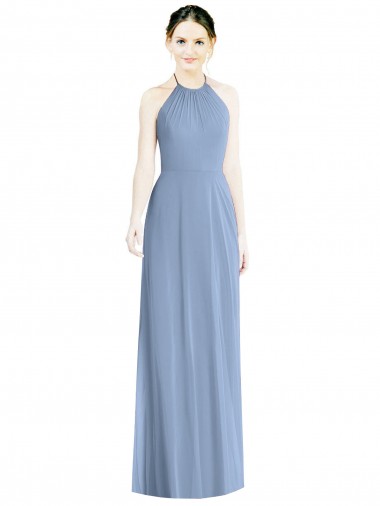 Chiffon Halter Neck Low Back A-Line Dusty Blue Bridesmaid Dress Manchester