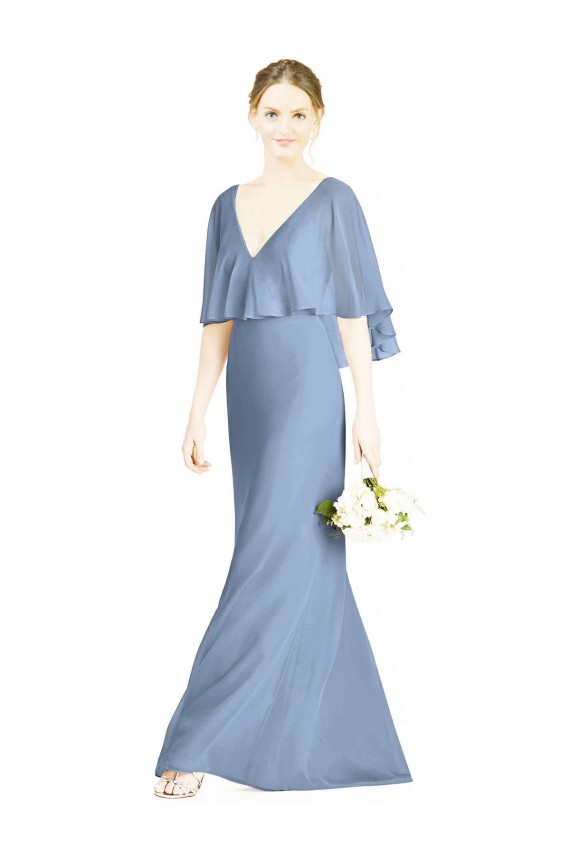 Soft Chiffon V-Neck Trumpet Dusty Blue Bridesmaid Dress Manchester