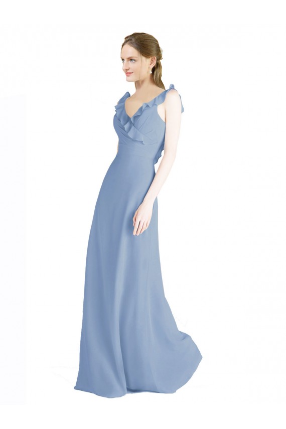 Chiffon V-Neck Open Back A-Line Dusty Blue Bridesmaid Dress Manchester