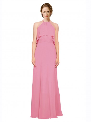 Soft Chiffon High Neck Low Back A-Line Skin Pink Bridesmaid Dress Manchester
