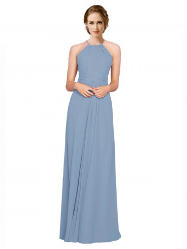 Chiffon High Neck Open Back A-Line Dusty Blue Bridesmaid Dress / Evening Dress Manchester