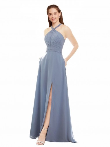 Soft Chiffon High Neck A-Line Dusty Blue Evening Dress / Bridal Party Dress Manchester