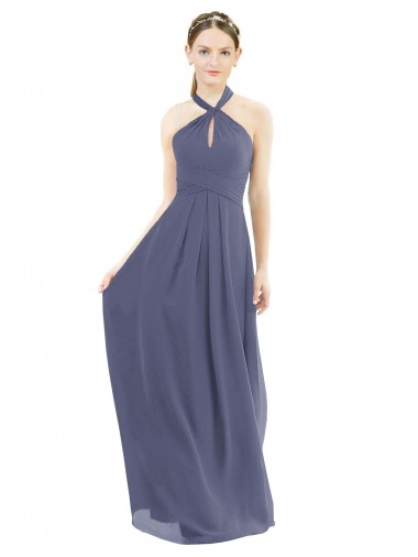 Soft Chiffon Halter Neck Low Back A-Line Silver Stone Bridesmaid Dress Manchester