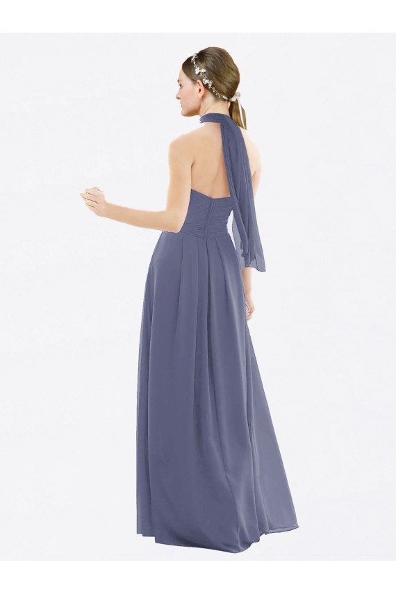 Soft Chiffon Halter Neck Low Back A-Line Silver Stone Bridesmaid Dress Manchester