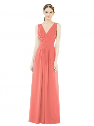 Soft Chiffon V-Neck V-Back A-Line Coral Bridesmaid Dress Manchester