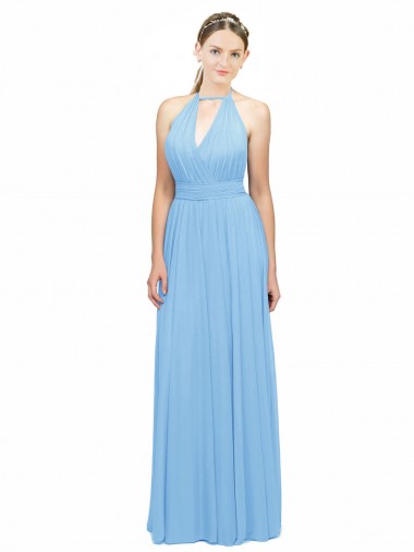 Soft Chiffon Halter Neck Low Back A-Line Periwinkle Bridesmaid Dress Manchester