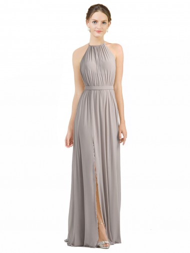 Soft Chiffon Halter Neck Low Back A-Line Oyster Silver Bridesmaid Dress Manchester