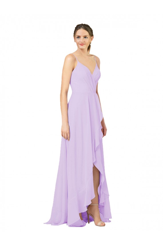 Soft Chiffon V-Neck Open Back Sheath Lilac High Low Bridesmaid Dress Manchester