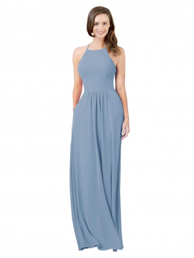 Chiffon Halter Neck Keyhole Back A-Line Dusty Blue Bridesmaid Gowns Manchester