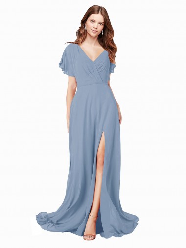 Soft Chiffon V-Neck A-Line Dusty Blue Black Tie Prom Dress / Bridesmaid Dress Manchester
