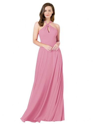 Soft Chiffon Halter Neck Keyhole Back A-Line Skin Pink Prom Dress / Bridesmaid Dress Manchester