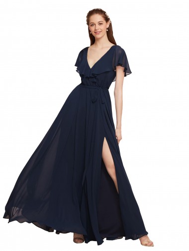 Chiffon V-Neck V-Back A-Line Dark Navy Evening Gowns / Bridesmaid Dresses Manchester