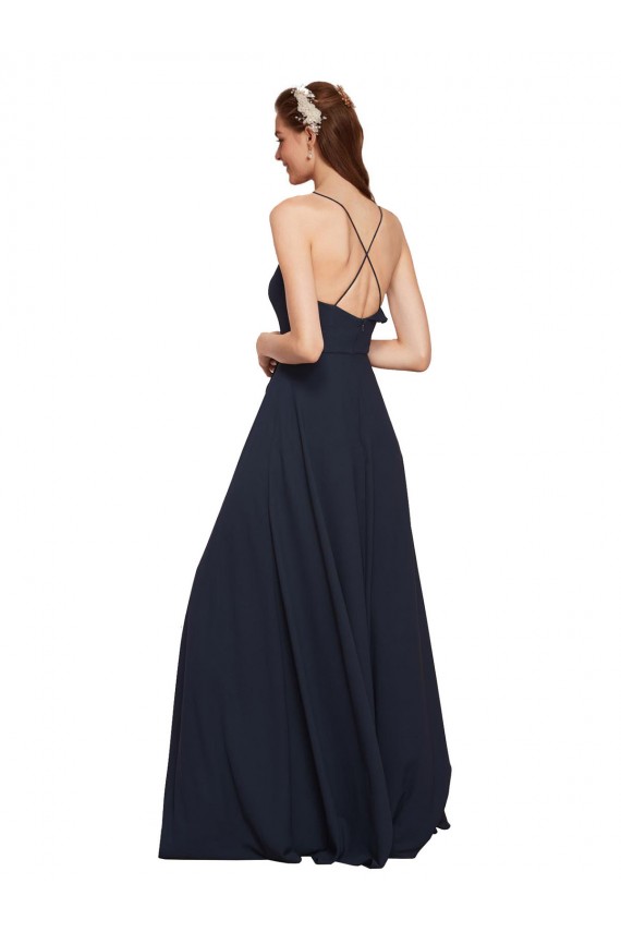 Soft Chiffon V-Neck Open Back A-Line Dark Navy Bridesmaid Dresses Manchester