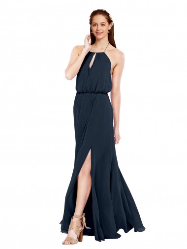 Chiffon Halter Neck Open Back A-Line Dark Navy Bridesmaid Dress / Evening Dress Manchester