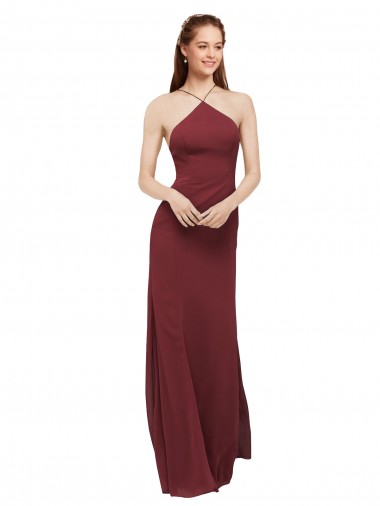 Soft Chiffon Halter Neck Open Back Sheath Burgundy Formal Dress / Bridesmaid Dress Manchester