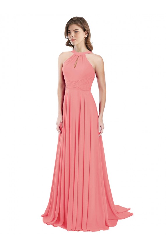 Chiffon Halter Neck Open Back A-Line Watermelon Bridesmaid Dress / Evening Dress Manchester