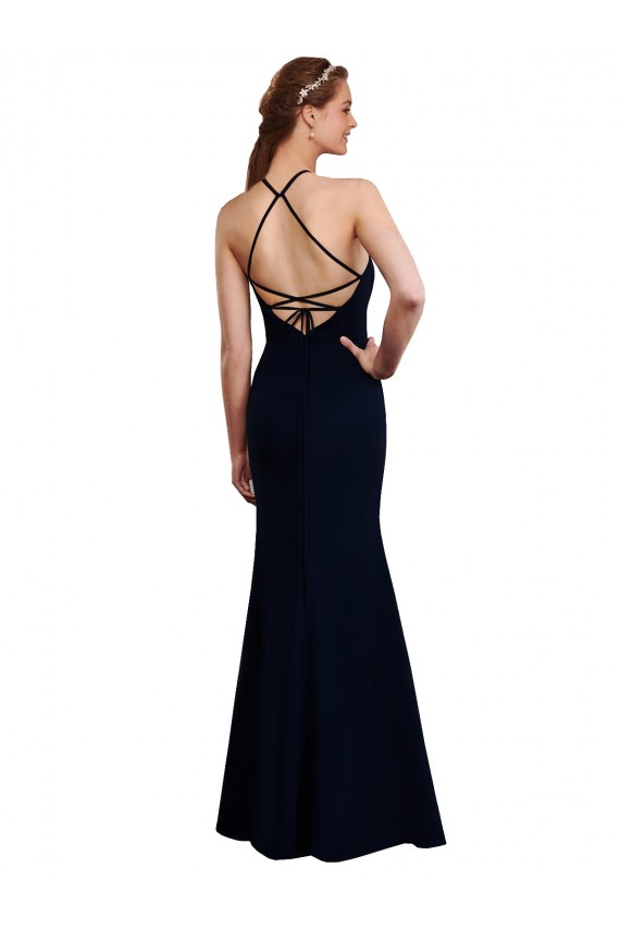 Soft Chiffon Halter Neck Open Back Mermaid Dark Navy Bridesmaid Dress Manchester