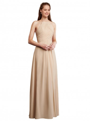 Soft Chiffon Halter Neck Low Back A-Line Champagne Bridesmaid Dress Manchester