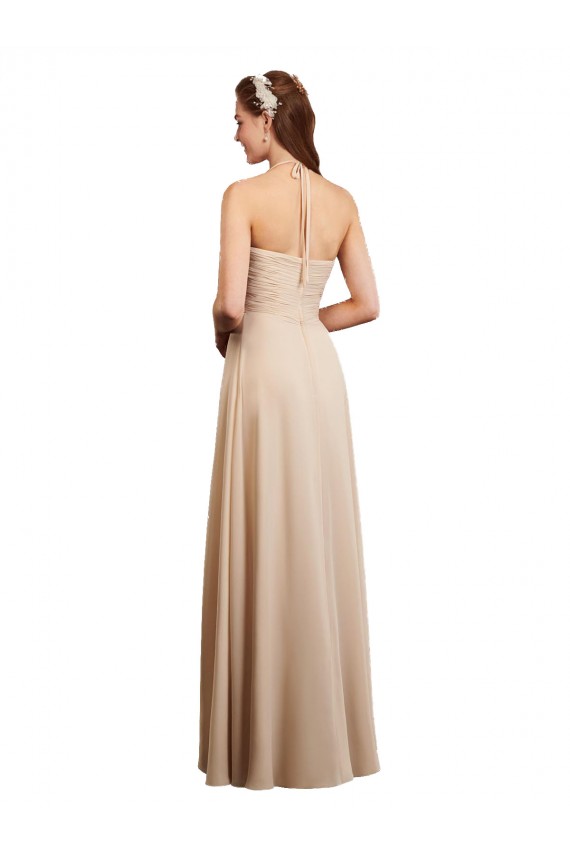Soft Chiffon Halter Neck Low Back A-Line Champagne Bridesmaid Dress Manchester
