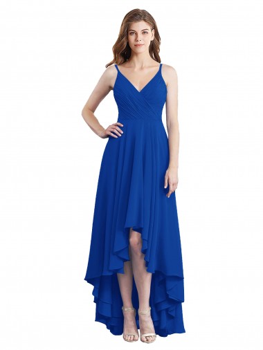 Soft Chiffon Spaghetti Straps Open Back A-Line Royal Blue High Low Bridesmaid Dress Manchester