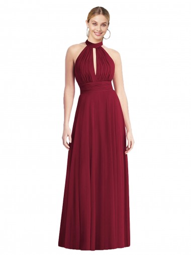 Soft Chiffon High Neck Open Back A-Line Burgundy Semi Formal Evening Dress / Bridesmaid Dress Manchester