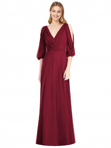 Soft Chiffon V-Neck V-Back Trumpet Burgundy Formal Dress / Bridesmaid Dress Manchester