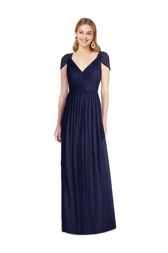 Soft Chiffon V-Neck Open Back Trumpet Dark Navy Bridesmaid Dress Manchester