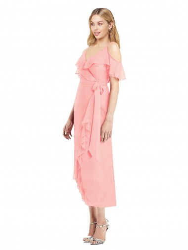 Soft Chiffon V-Neck Trumpet Salmon High Low Bridesmaid Dress Manchester