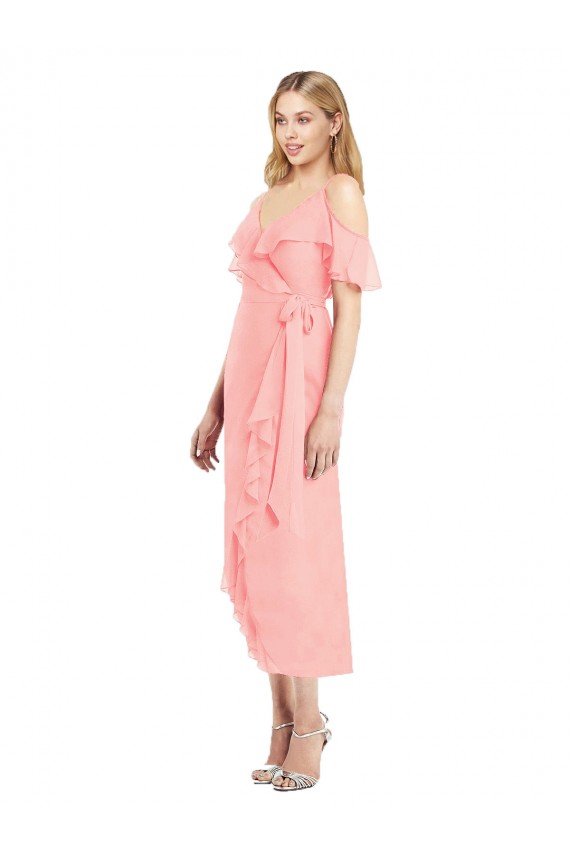 Soft Chiffon V-Neck Trumpet Salmon High Low Bridesmaid Dress Manchester