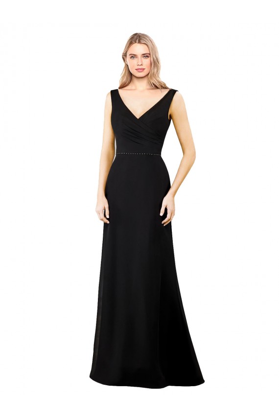 Soft Chiffon V-Neck V-Back A-Line Black Prom Dress / Bridesmaid Dress Manchester