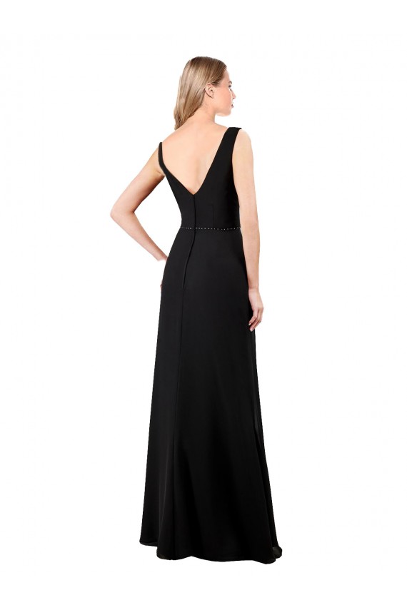 Soft Chiffon V-Neck V-Back A-Line Black Prom Dress / Bridesmaid Dress Manchester